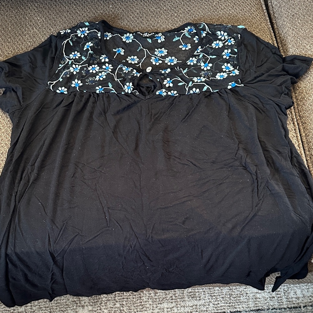 cha cha vente Black Blouse with Blue Floral Embroidered Yoke